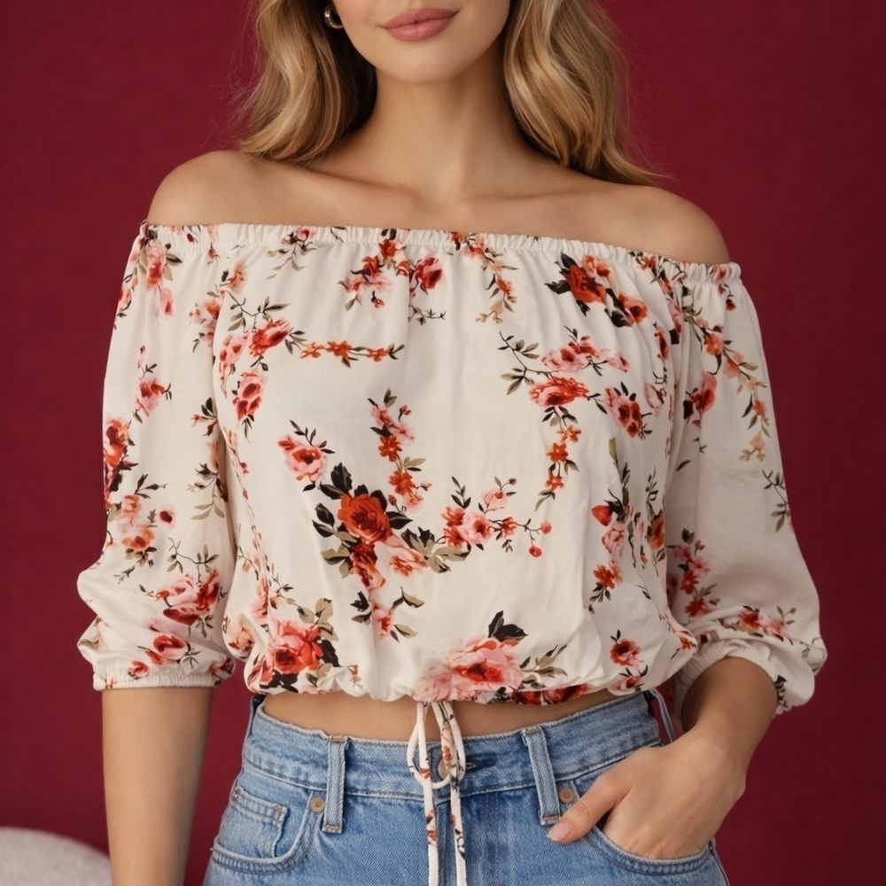 5/$25 VTG WILD LOVE Rose Off Shoulder Tie Waist Cropped Blouson Top Small